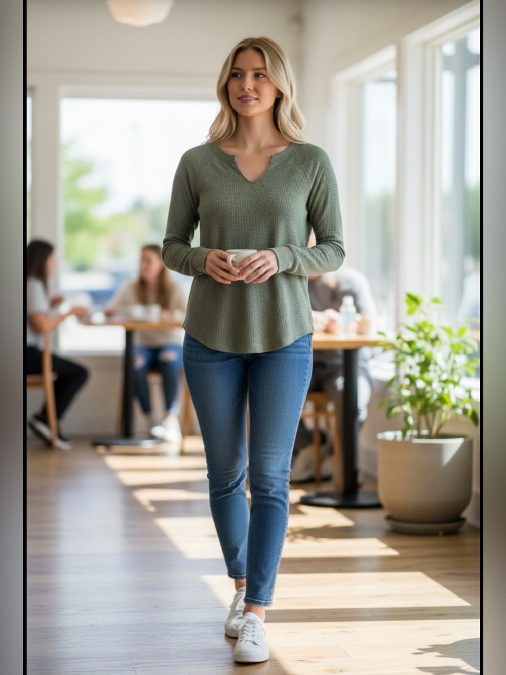 American Eagle Waffle Knit Long Sleeve Top - Olive Green